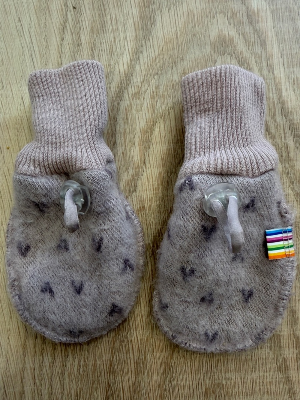 Taupe Knit Baby Mittens with easy adjustment to tighten